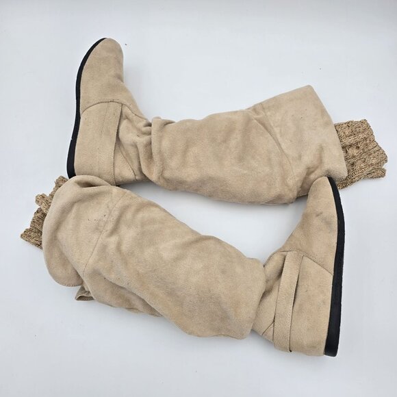 Tan Faux Suede Slouch Knee High Boots With Knit Cuffs Buckle Strap Detail Casual - Picture 2 of 9